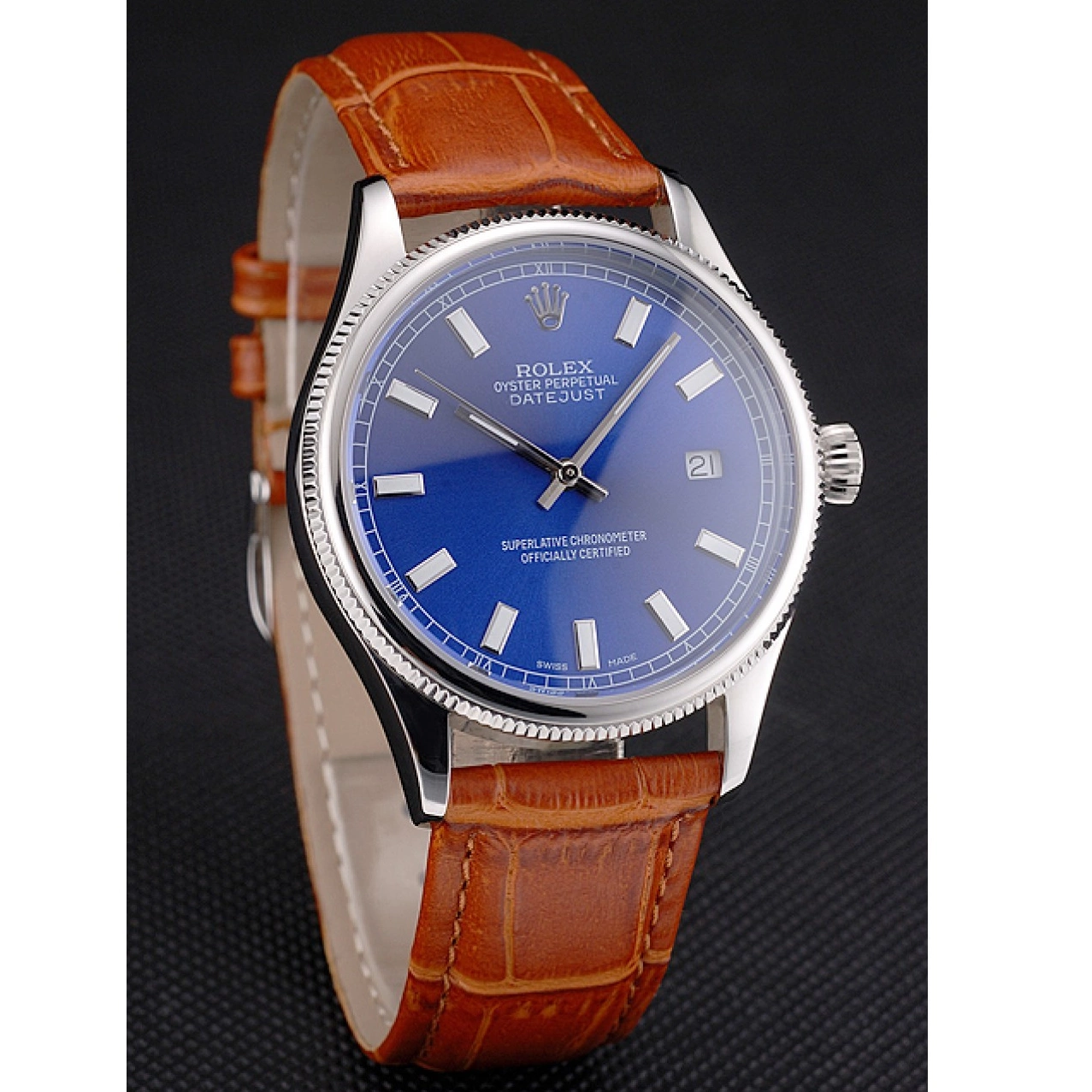 Aaa replica Case Blue Light Strap Datejust Swiss Dial Rolex Brown Leather Steel Stainless 0814